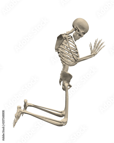 The skeleton kneels and prays.
