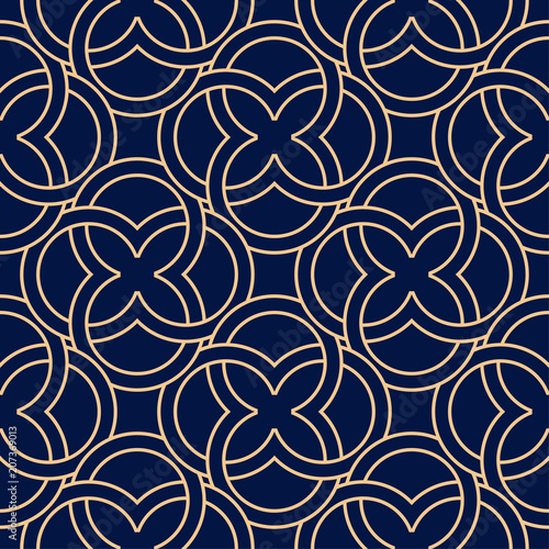 Golden blue geometric ornament. Seamless pattern