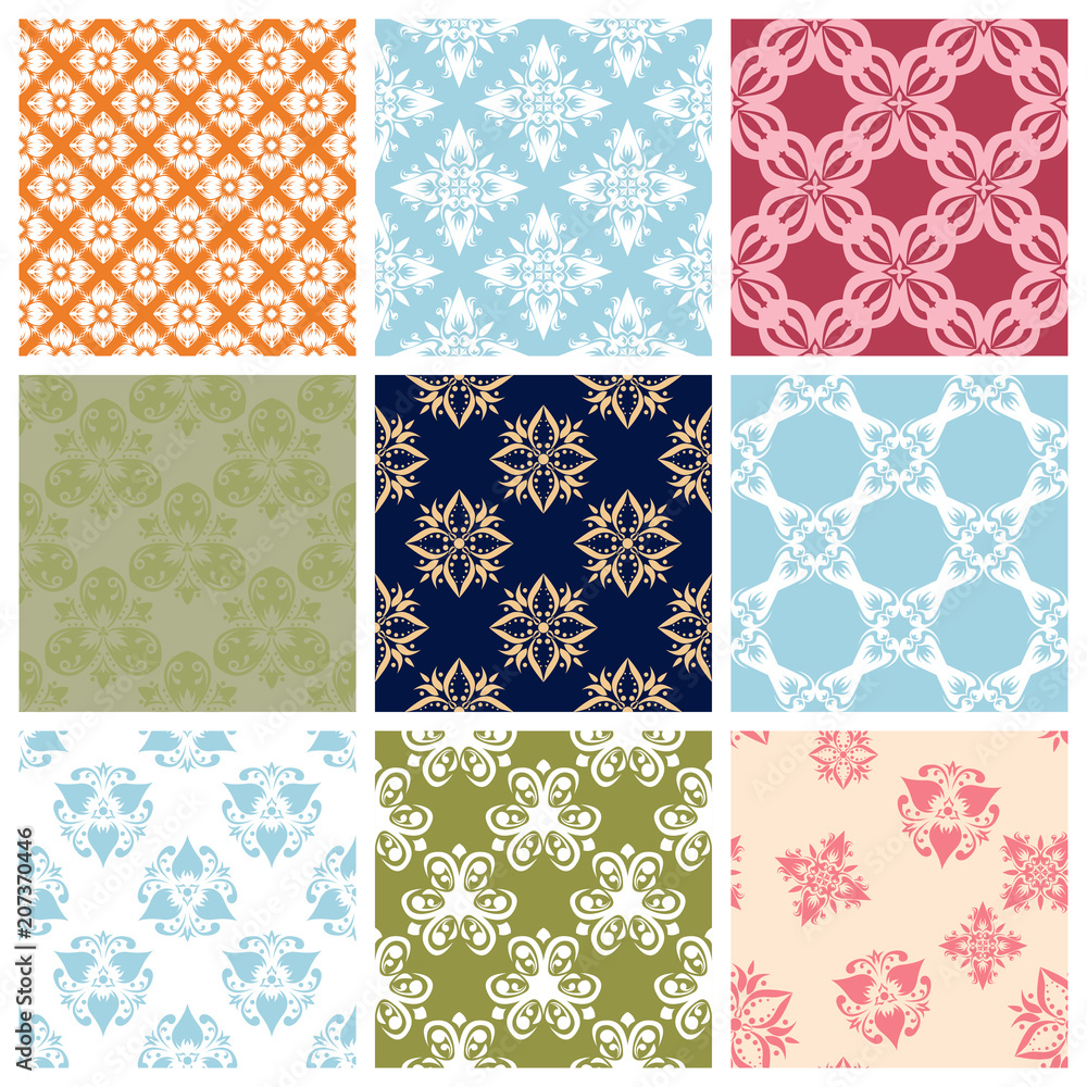 Seamless backgrounds with floral patterns. Colored set.