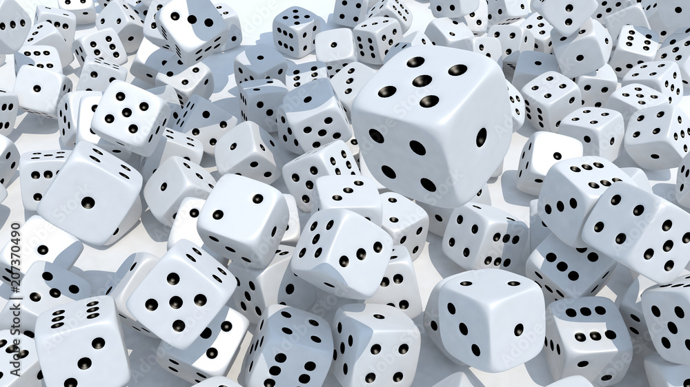 many dices fall on white background