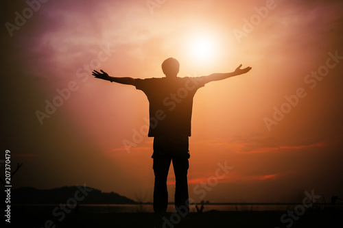 Christian man with open hands worship christian. Eucharist Therapy Bless God Helping Repent Catholic Easter Lent Mind Pray. Christian concept background. © Love You Stock