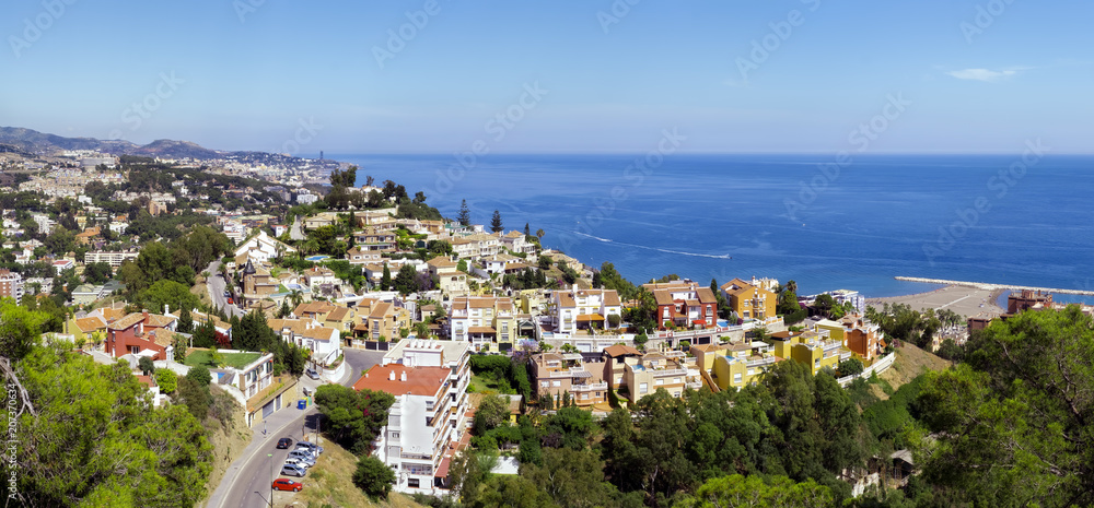 Panorama over the Malaga city and Mediterranean sea, Costa del Sol, Malaga Province, Andalucia, Spain, Western Europe