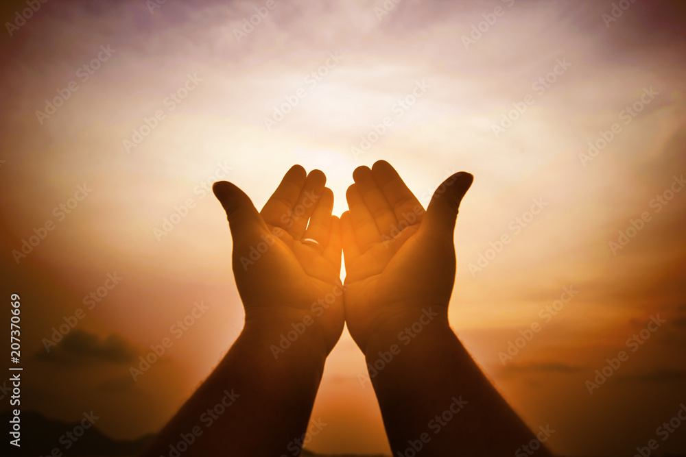 Naklejka premium Christian man with open hands worship christian. Eucharist Therapy Bless God Helping Repent Catholic Easter Lent Mind Pray. Christian concept background.