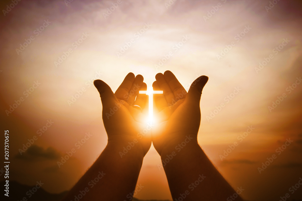 Fototapeta premium Christian man with open hands worship christian. Eucharist Therapy Bless God Helping Repent Catholic Easter Lent Mind Pray. Christian concept background.