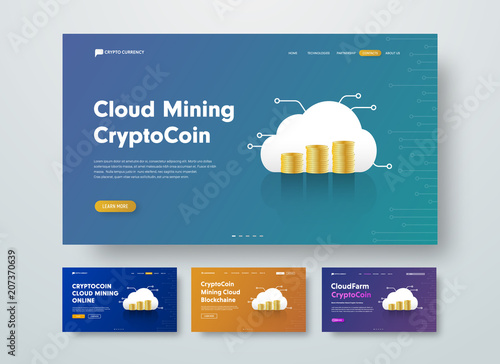 Template vector header for cloud mining crypto-currency with gold stacks of coins