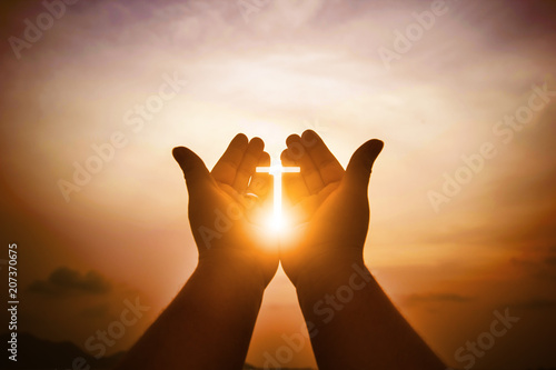 Christian man with open hands worship christian. Eucharist Therapy Bless God Helping Repent Catholic Easter Lent Mind Pray. Christian concept background.