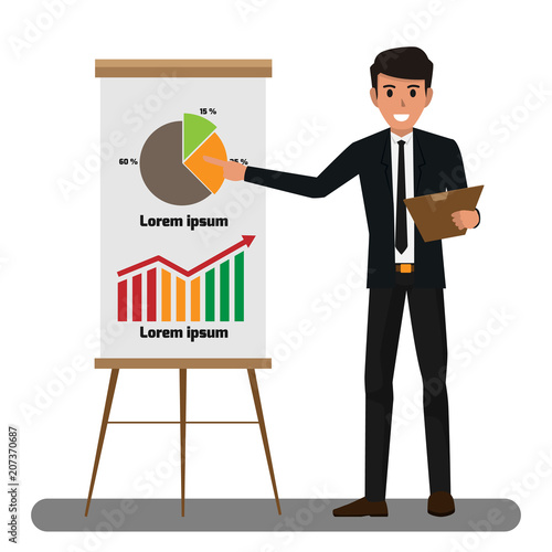 Businessman in suit and tie making presentation explaining charts on a white board. Business seminar. Character cartoon vector illustration.