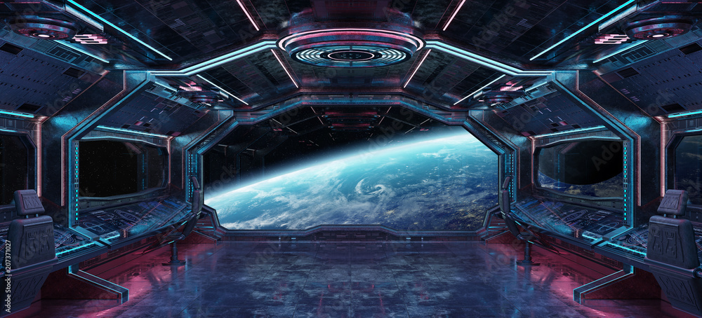 Fototapeta premium Grunge Spaceship interior with view on planet Earth 3D rendering