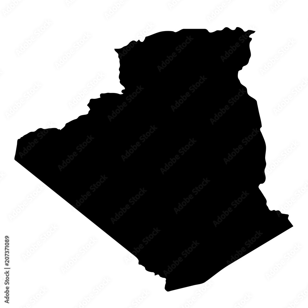 black silhouette country borders map of Algeria on white background. Contour of state. Vector illustration