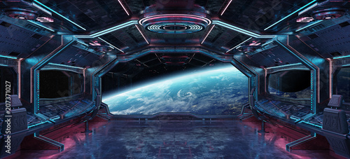 Fototapeta Naklejka Na Ścianę i Meble -  Grunge Spaceship interior with view on planet Earth 3D rendering