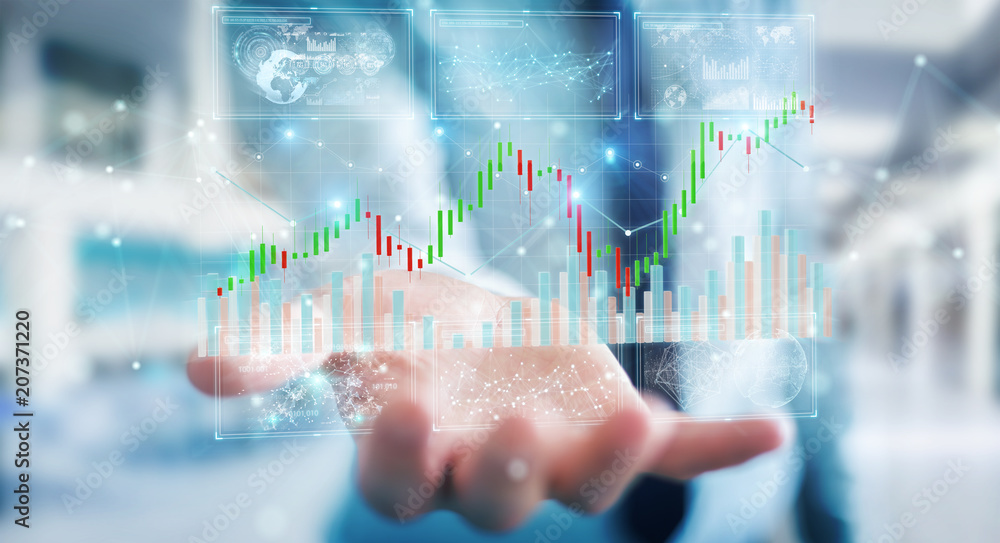 Businessman using 3D rendering stock exchange datas and charts Businessman using 3D rendering stock exchange datas and charts