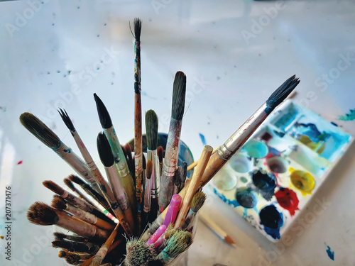 Group of Used Paintbrushes in the Art Class