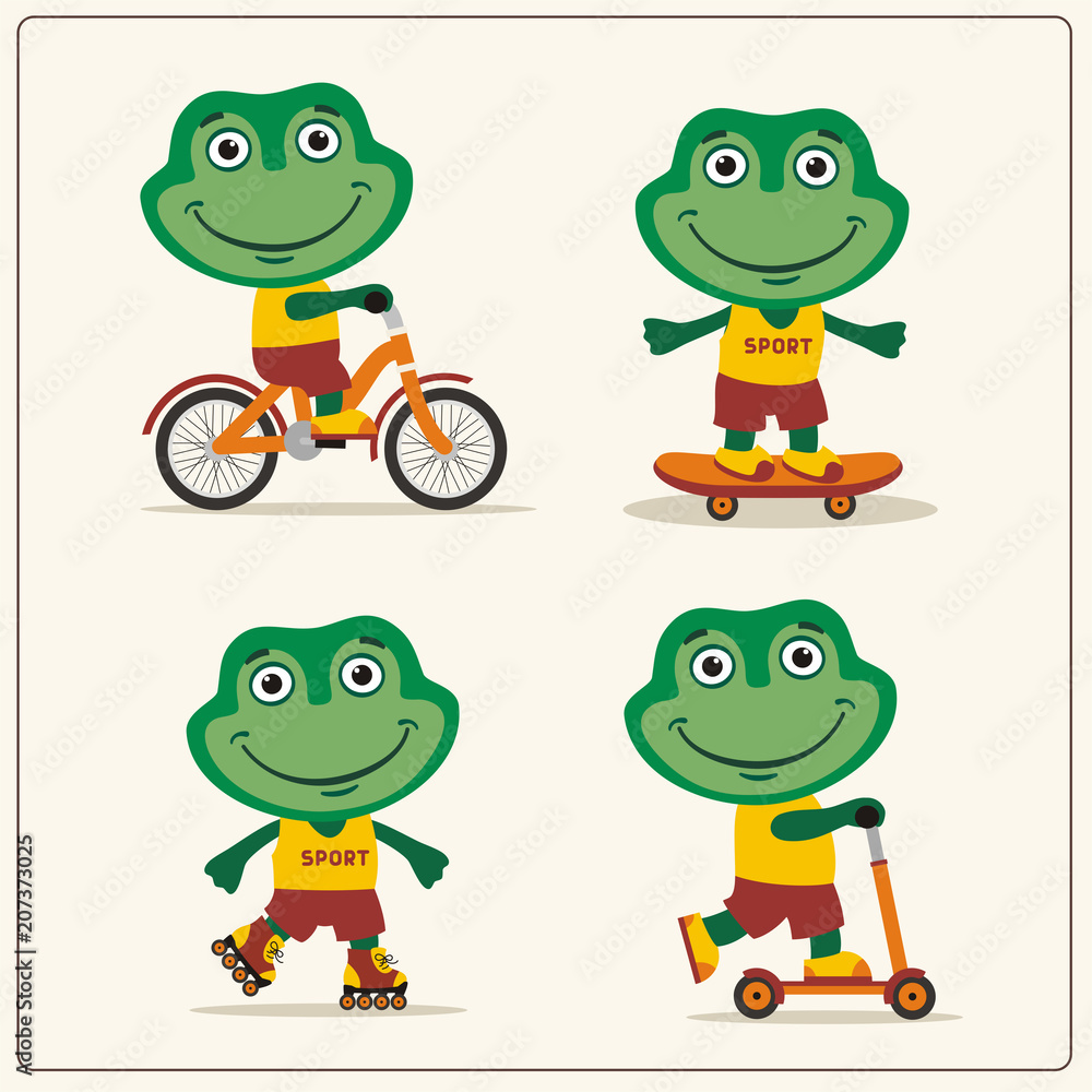 Set of isolated funnyfrog on bike, skateboard, scooter and roller skates. Set of isolated funnyfrog on bike, skateboard, scooter and roller skates.