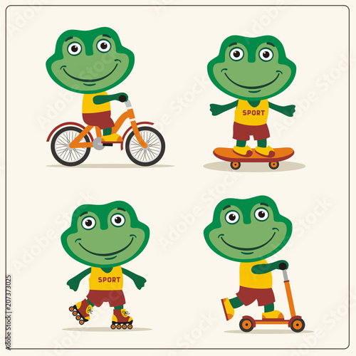 Set of isolated funnyfrog on bike  skateboard  scooter and roller skates.