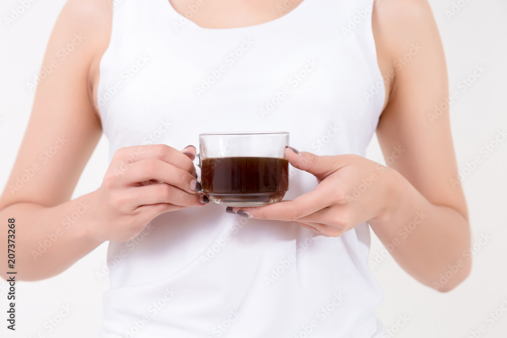 Beautiful young asia woman with a cup of coffee. Isolated on white background. Studio lighting. Concept for healthy. Beautiful young asia woman with a cup of coffee. Isolated on white background. Studio lighting. Concept for healthy.