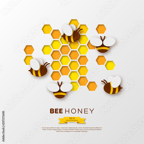 Paper cut style bee with honeycombs. Template design for beekiping and honey product. White background, vector illustration.