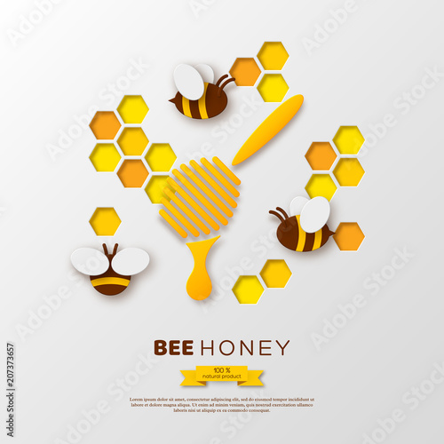 Bee with honeycombs and dipper, paper cut ctyle. Template design for beekiping and honey product. White background, vector illustration.