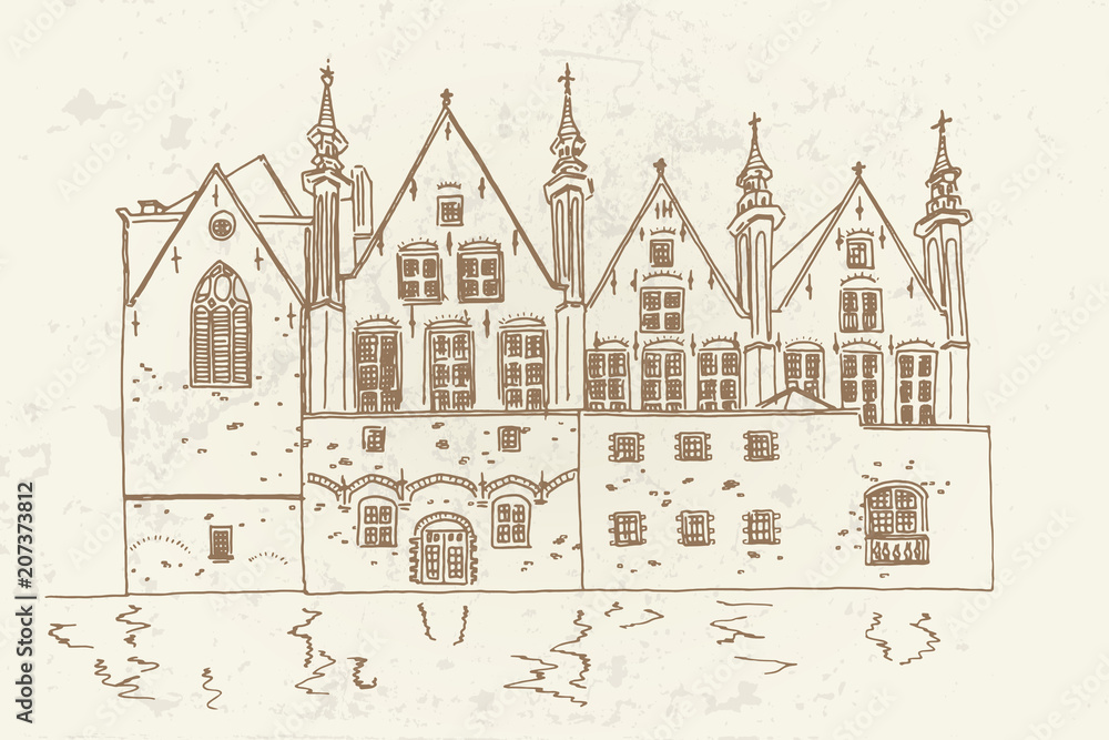 Obraz premium Vector sketch of Traditional architecture in the town of Bruges (Brugge), Belgium. Retro style.