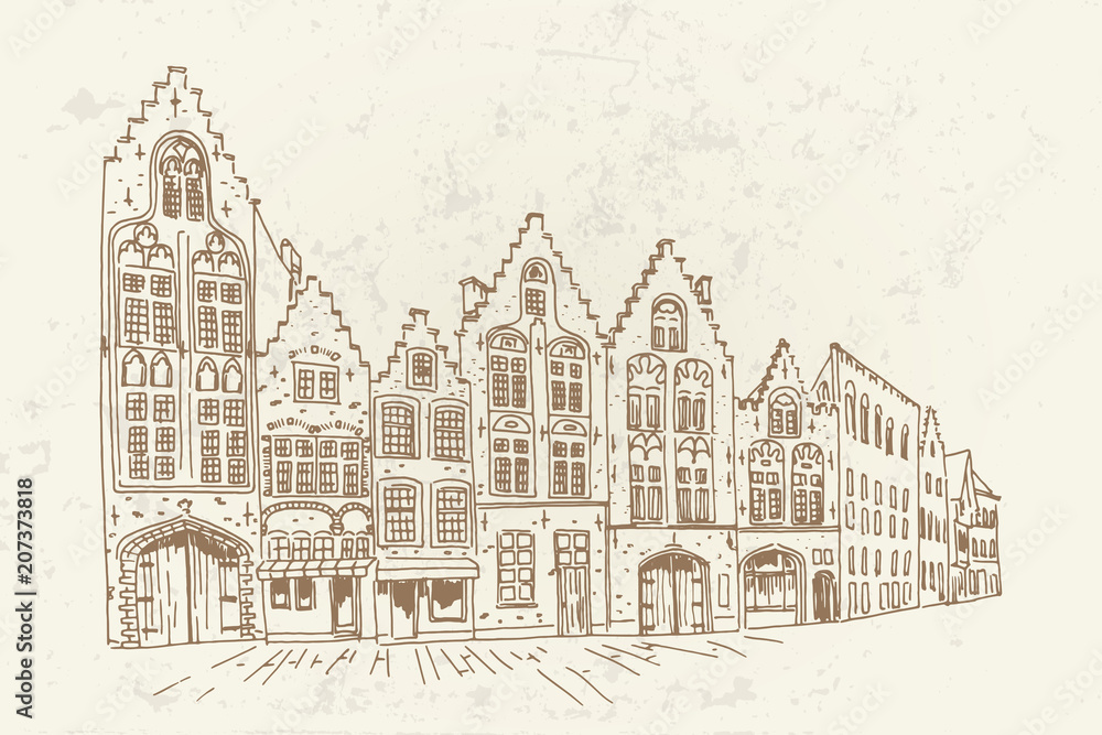Vector sketch of Traditional architecture in the town of Bruges (Brugge), Belgium. Retro style.