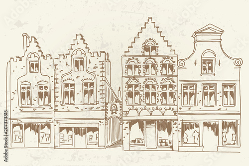 Vector sketch of Traditional architecture in the town of Bruges (Brugge), Belgium. Retro style.