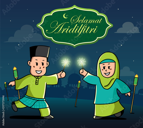 Selamat Hari Raya Aidilfitri vector illustration with cute muslim kids having fun with sparklers.
