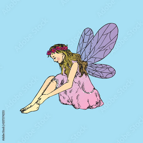 Beautiful young fairy sitting in wreath of red roses, side view, hand drawn outline doodle sketch, vector illustration