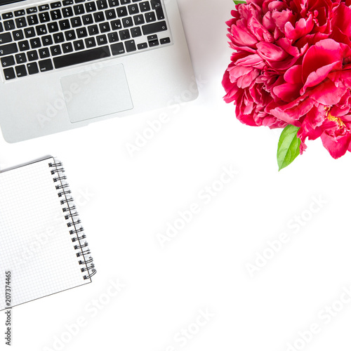 Wallpaper Mural  Office workplace Laptop notebook peony flowers Flat lay Torontodigital.ca