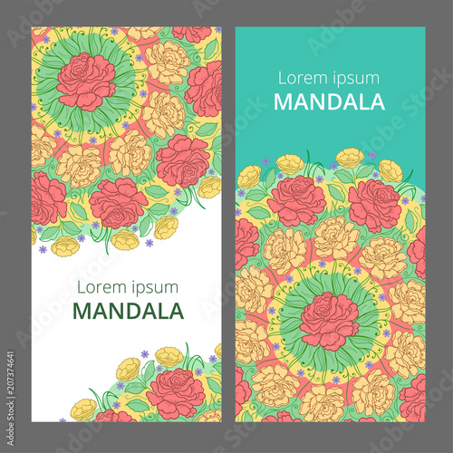 Vector banner set with floral ornament. Rose, tulip, leaf. Circular ornament.