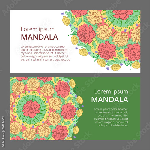 Vector banner set with floral ornament. Rose, tulip, leaf. Circular ornament.