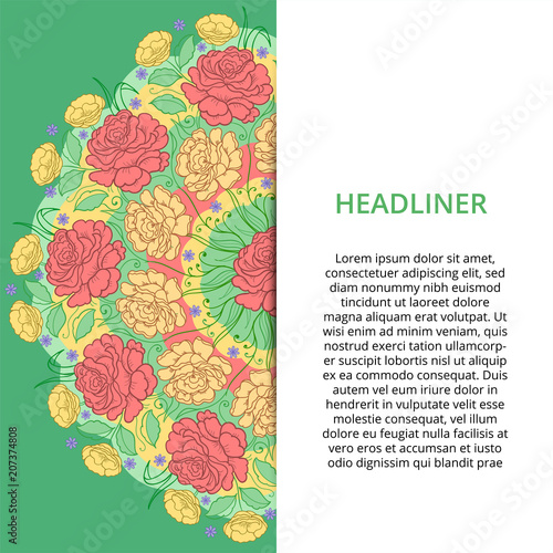 Vector banner set with floral ornament. Rose, tulip, leaf. Circular ornament.