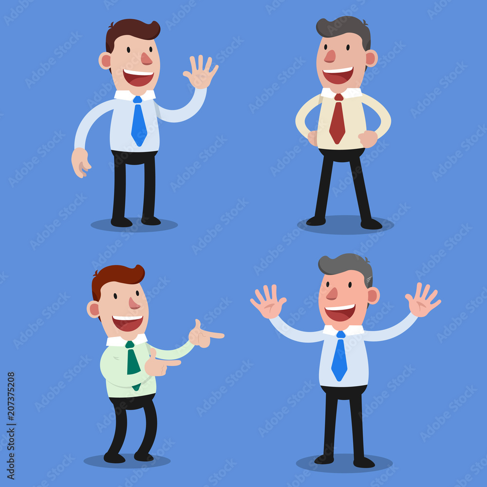 Happy professional business men in various poses smiling vector illustration Happy professional business men in various poses smiling vector illustration
