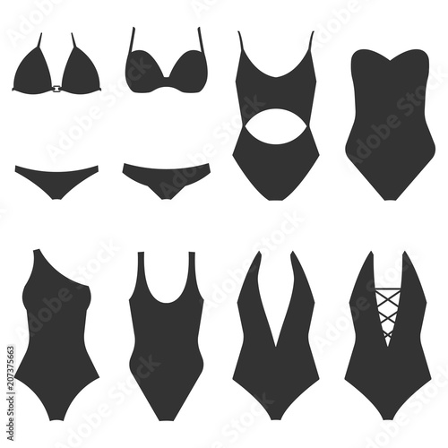 Vector illustration of women's swimsuit design set. Fashion bikini collection. Female stylish swimwear silhouettes isolated. Flat beach clothing underwear.