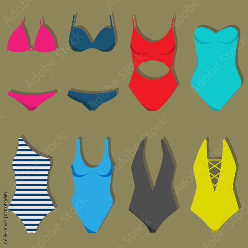 Vector illustration of women's swimsuit design set. Fashion bikini collection. Female stylish swimwear silhouettes isolated. Flat beach clothing underwear.