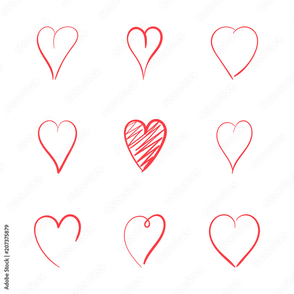 Hend drawn red hearts. Love sign doodle
