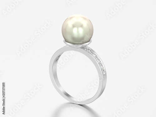 3D illustration silver diamond engagement wedding ring with pearl