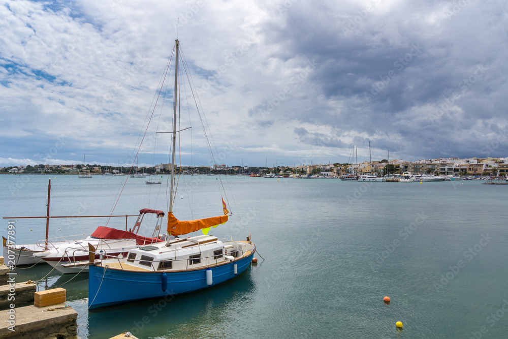 Mallorca, Original natural port area of porto colom with many fishing boats