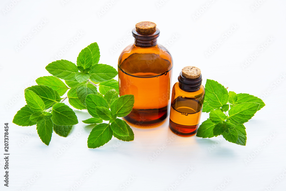 Natural Mint Essential Oil in a Glass Bottle with Fresh Mint Leaves on white wooden background. Natural Mint Essential Oil in a Glass Bottle with Fresh Mint Leaves on white wooden background.