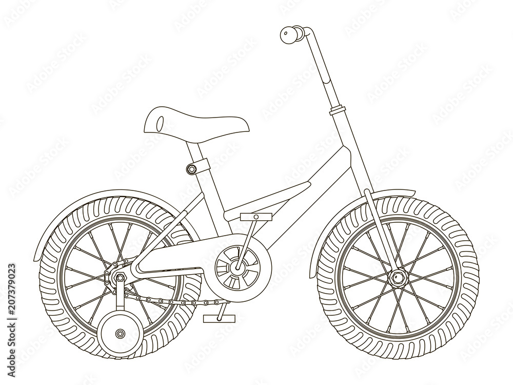 Детский велосипед со съемными тренировочными колесами, контурный векторный  рисунок на белом фоне, вид сбоку Векторный объект Stock | Adobe Stock