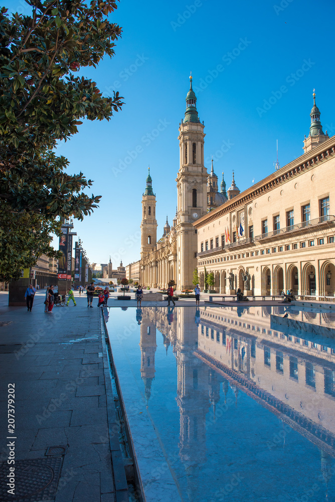 ZARAGOZA, SPAIN - SEPTEMBER 27, 2017: The Cathedral-Basilica of Our Lady of Pillar - a roman catholic church. Vertical. Copy space for text.