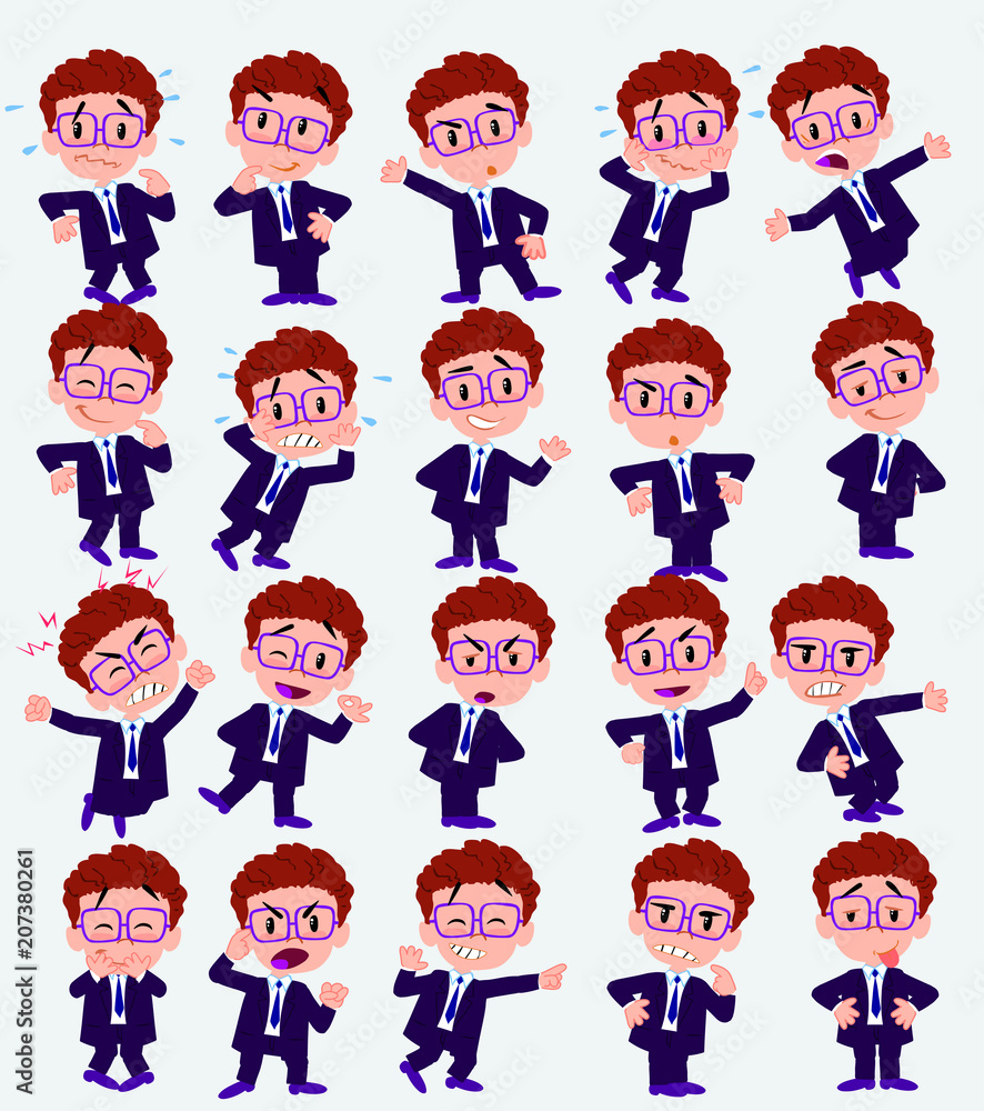 Cartoon character businessman with glasses. Set with different postures, attitudes and poses, doing different activities in isolated vector illustrations. Cartoon character businessman with glasses. Set with different postures, attitudes and poses, doing different activities in isolated vector illustrations.