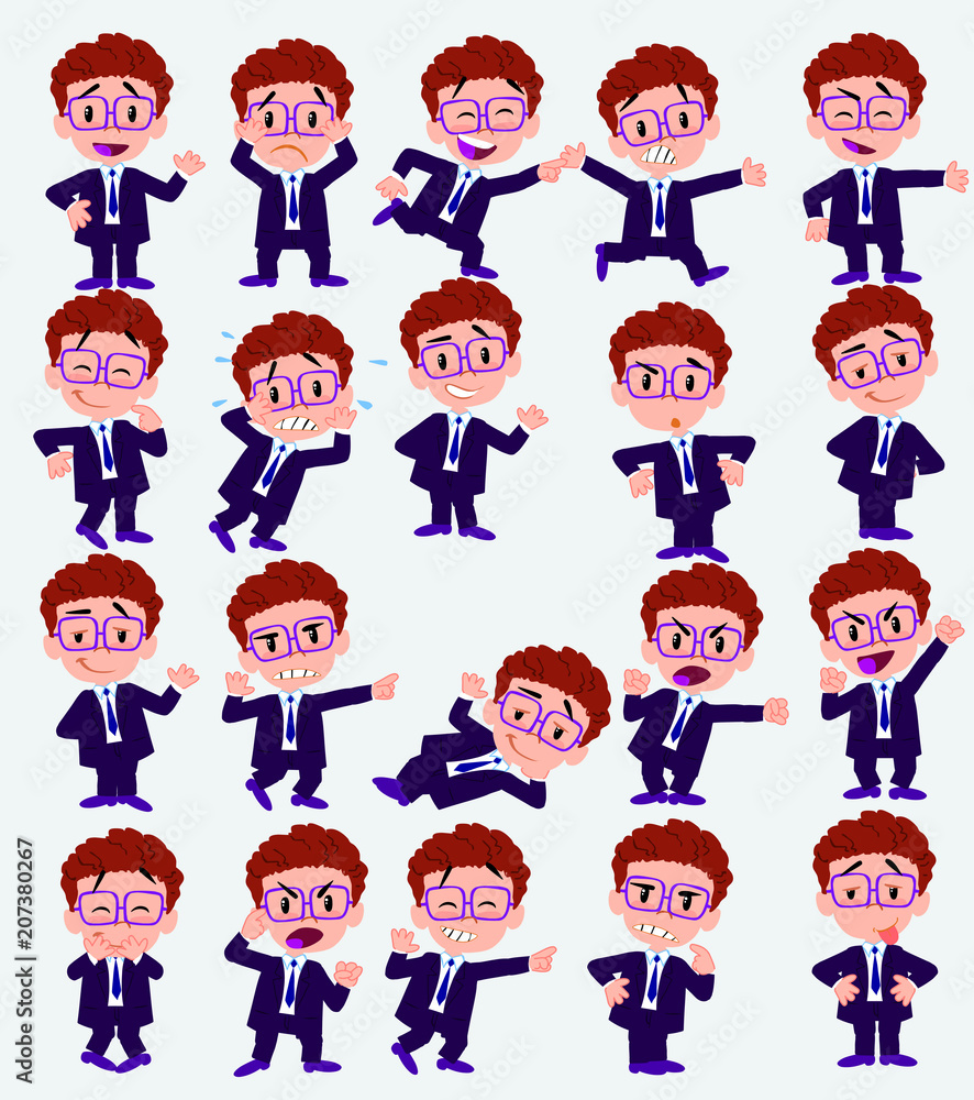 Cartoon character businessman with glasses. Set with different postures, attitudes and poses, doing different activities in isolated vector illustrations.