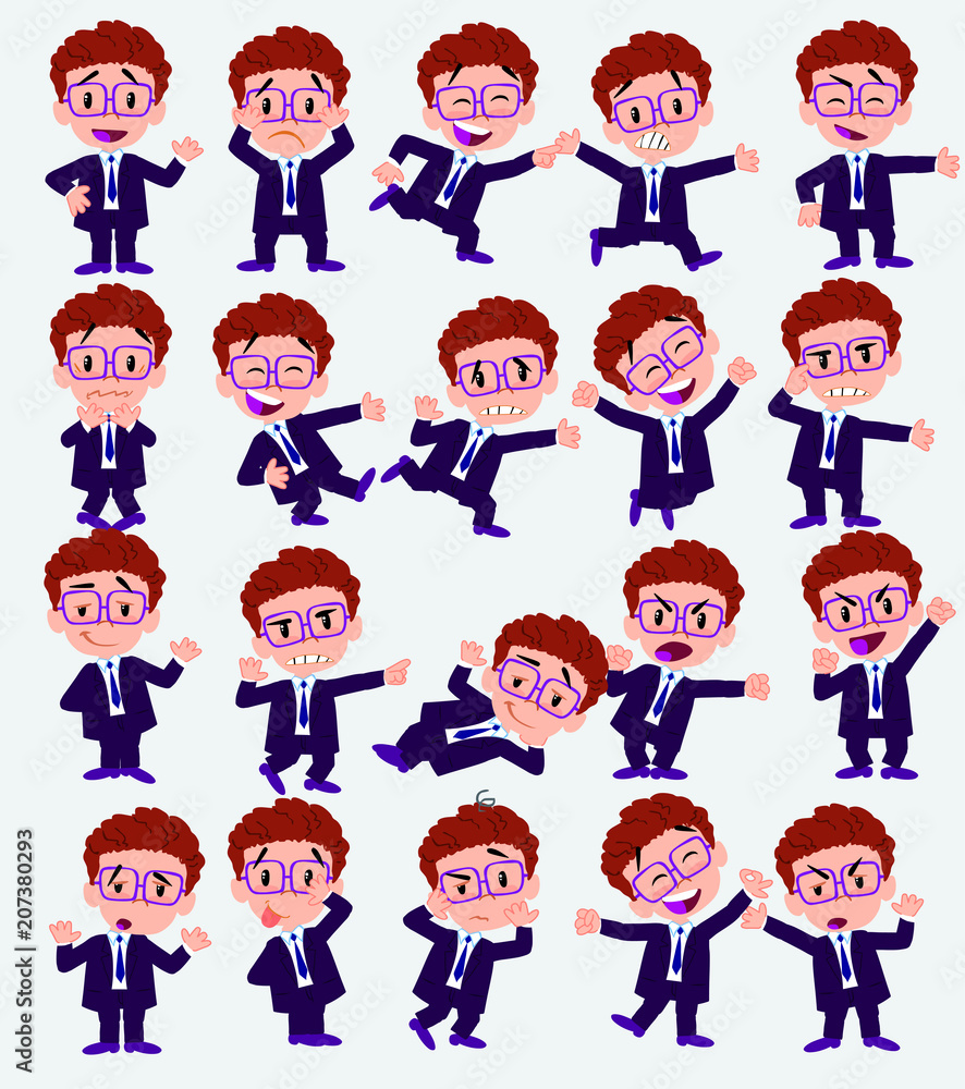 Cartoon character businessman with glasses. Set with different postures, attitudes and poses, doing different activities in isolated vector illustrations.