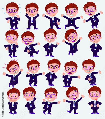 Cartoon character businessman with glasses. Set with different postures  attitudes and poses  doing different activities in isolated vector illustrations.