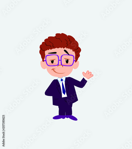 Businessman with glasses waving with a dreamy expression.