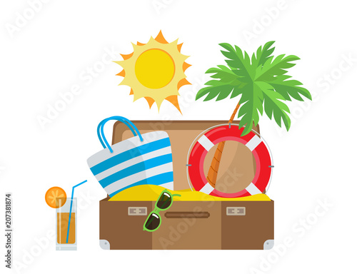 Open travel valise, travelling concept