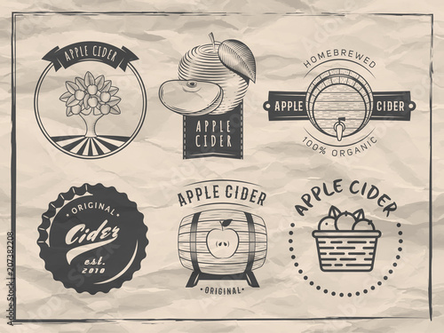 Vector cider logos and badges. Set of retro labes for apple cider drink. Vintage paper background.