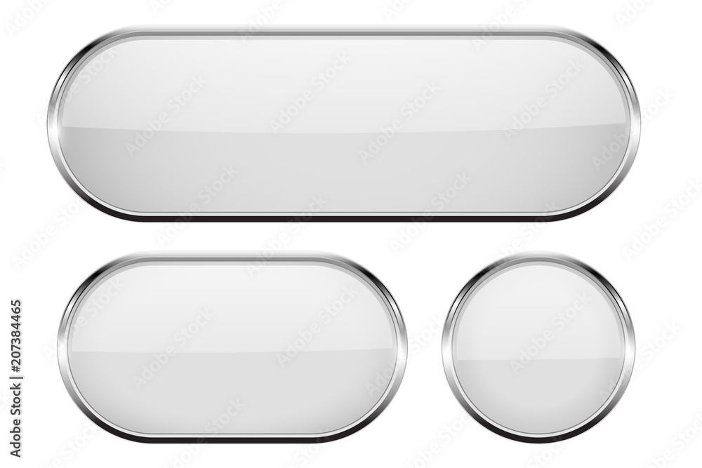 White oval glass buttons with metal frame. Set of 3d icons White oval glass buttons with metal frame. Set of 3d icons
