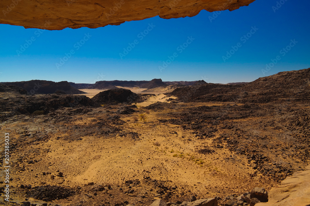 Fototapeta premium Aerial panoramic view to El Berdj mountain and erg gorge in Tassili nAjjer national park, Algeria