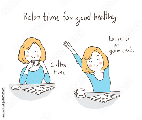 Vector character business woman relax and easy exercise at her desk