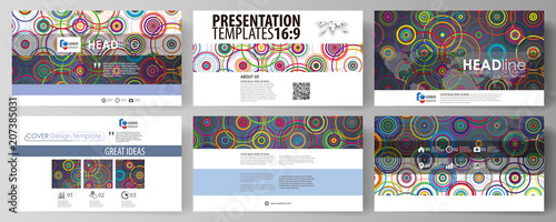 Business templates in HD format for presentation slides. Easy editable abstract vector layouts in flat design. Bright color background in minimalist style made from colorful circles.